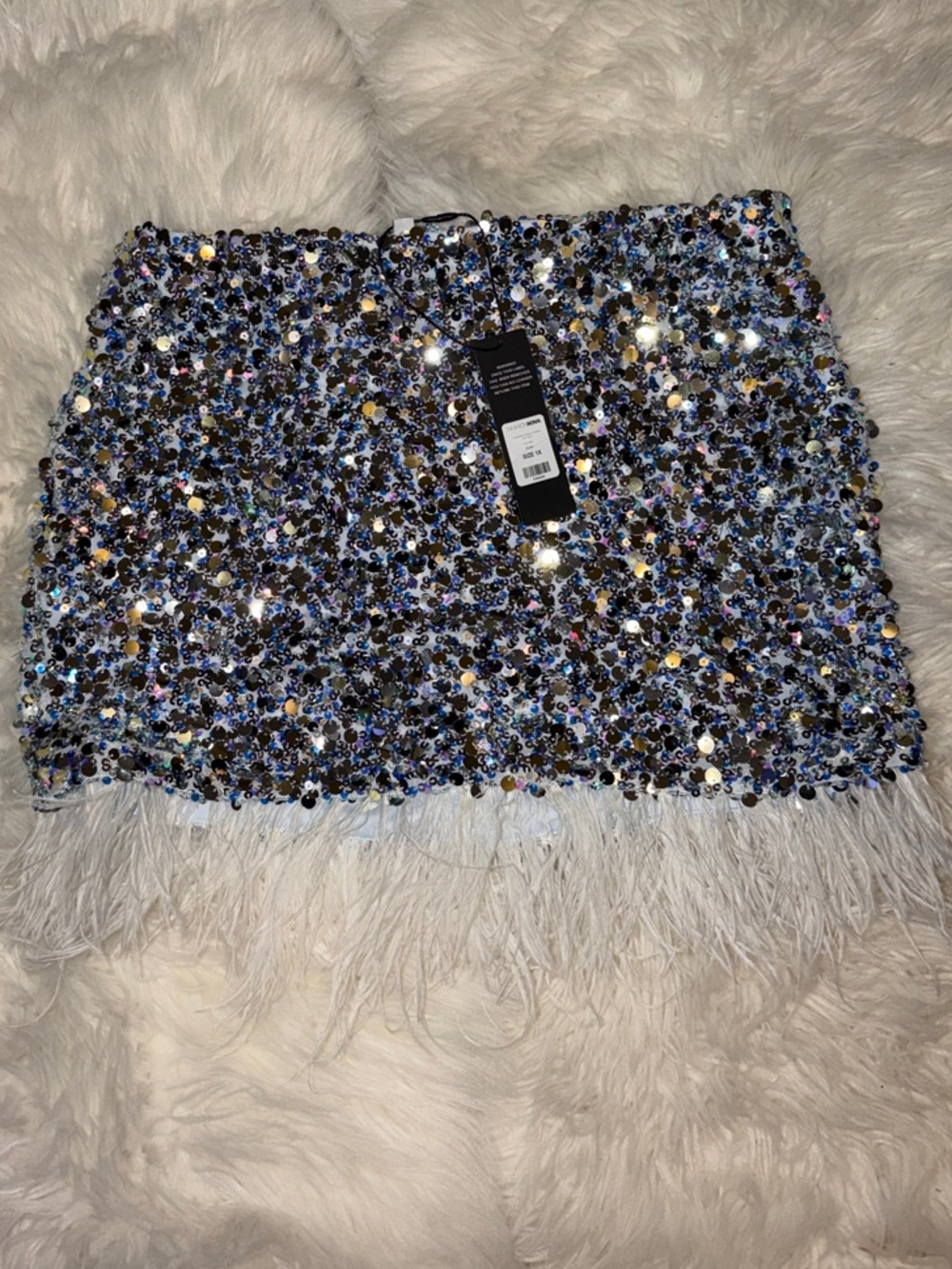Fashion Nova Iridescent Sequin Mini Skirt with Feather Trim - Blue/Silver